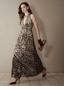 MOTF PREMIUM DEEP V-NECK LEOPARD PRINT BEADED EMBELLISHED DRESS - Brown - View 2