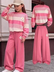 SHEIN 青少年女孩條紋圓領長袖運動衫與運動長褲休閒套裝 - 粉色 - 查看 3