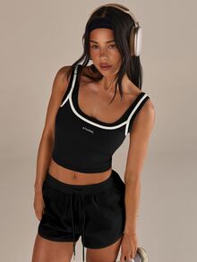 Athîral 女款休閒保守運動對比縫線黑白背心上衣，春夏健身運動運動服 - 黑色 - 查看 7