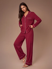 Lazeform طقم ملابس منزلية للنساء مع كارديجان بياقة، أكمام طويلة، بنطال مستقيم الساق مع جيوب - عنابي اللون - مشاهدة 1