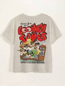 LOONEY TUNES X SHEIN تي شيرت نسائي بطبعة حروف كاجوال للاستخدام اليومي بأكمام قصيرة - أبيض - مشاهدة 6