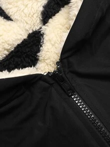 SHEIN 少女休閒愛心印花保暖內裡連帽派克夾克外套，秋冬返校季適用 - 黑色 - 查看 7
