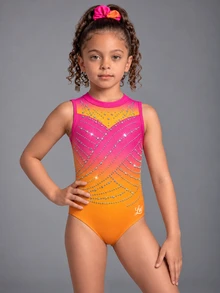 Young Girls' Sleeveless One-Piece Athletic Leotard, Gymnastics Suit With Full-Body Gradient Print And Colorful Rhinestones, Suitable For Yoga, Gymnastics Training, School Competitions, Skin-Friendly Stretch Fabric - Multicolor - View 5