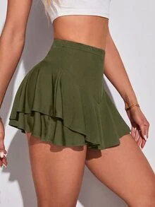 SHEIN Tall 女款夏季休閒針織純色短褲裙，適合高個女性 - 軍綠色 - 查看 6