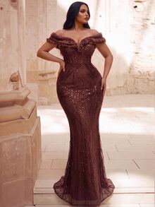 Elovaire Autumn/Winter Elegant Classy Sequin Off-Shoulder Backless Mermaid Hem Formal Evening Dinner Gown, Wedding Guest Dress, Graduation Ceremony Brown - Brown - View 4