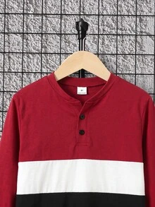 SHEIN 男童純色半鈕扣長袖 Polo T恤，對比色美式復古風，基礎上衣，適合秋冬、校園、家庭聚會，秋季穿搭，冬季穿搭 - 彩色 - 查看 3