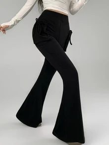 DAZY Women's Fashion High Waist Pocket Flared Leg Athletic Pants - Black - View 2