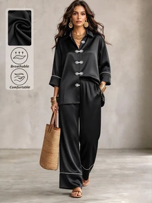 Linhara CURVE Women's Fashion Casual Long Sleeve Lapel Contrast Color Frog Button Satin Blouse And Elastic Waist Wide Leg Pants 2 Pieces Set, Suitable For Daily Commute And Outing Wear - Black - View 3