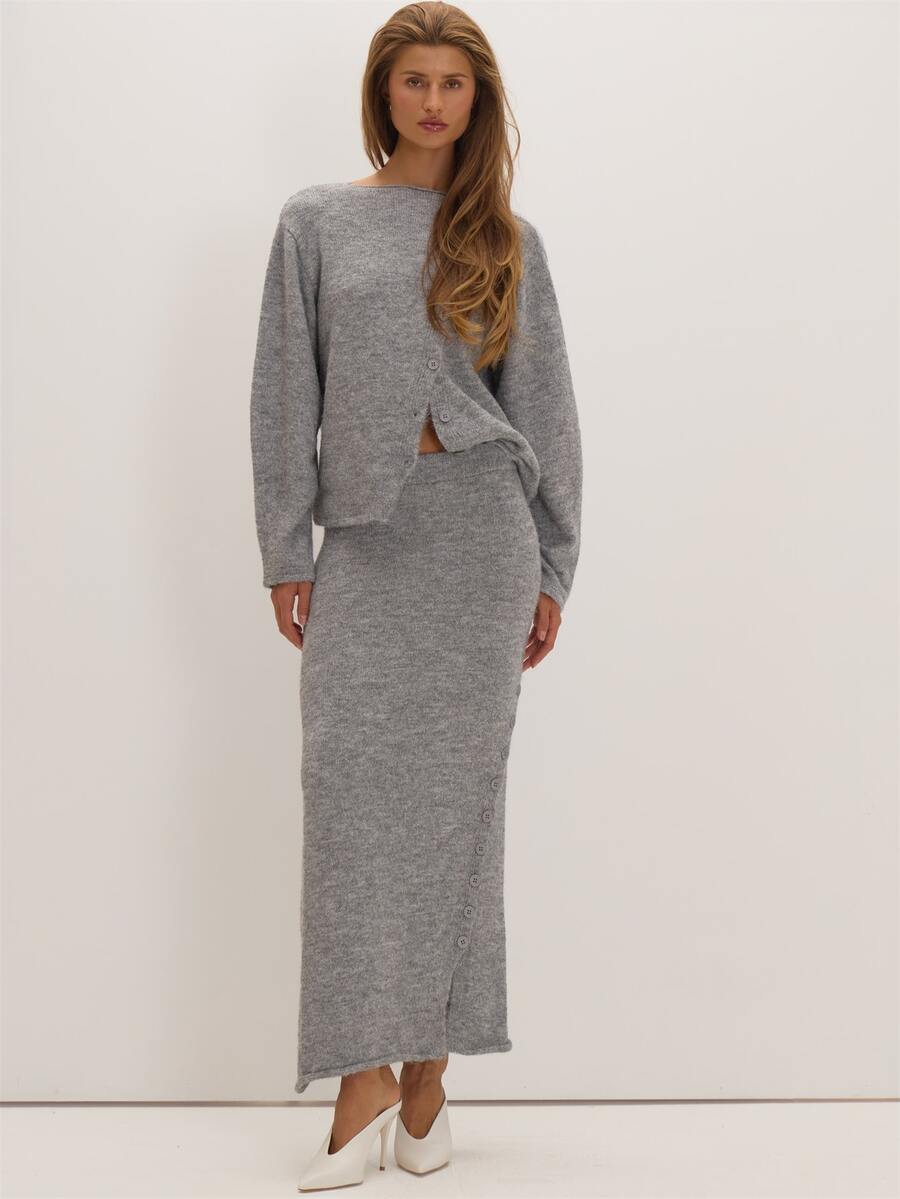 MUSEYN Grey Knit Asymmetric Button Maxi Skirt Versatile Everyday Casual Chic Date Night New Season Fall Cosy - Grey - View 1