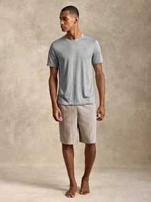 Provexi Provexi 2pcs Men's Solid Color Crew Neck Short Sleeve Top & Drawstring Striped Shorts Loungewear Set - Multicolor - View 7