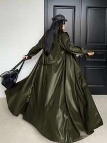 POPSWAY 大尺碼女款立領綁帶腰帶口袋長袖PU風衣外套，秋冬穿著 - 軍綠色 - 查看 1