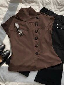 Comfortcana Women's Fashion Versatile Asymmetrical Button Trench Coat Jacket Street Style Elegant Teachers' Day Office Brown Autumn - Brown - View 3