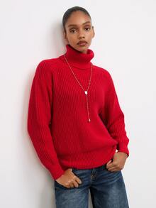 Maija Holiday Urban Party Red Autumn/Winter Women's High-Neck Ribbed Loose Side-Seam Metal Decor Sweater - Red - View 5