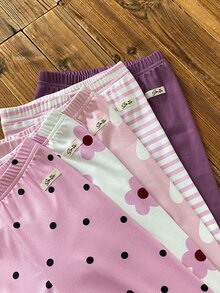 SHEIN [2件隨機發送]5件隨機發送 2件女孩春季四季通用 波點愛心條紋花卉甜美可愛百搭柔軟舒適羅紋針織羅紋下擺多件式內搭褲 - 彩色 - 查看 6