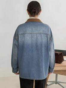 Dazy-Less Women's Colorblock Drop Shoulder Long Sleeve Single-Breasted Casual Denim Jacket - Light Wash - View 2