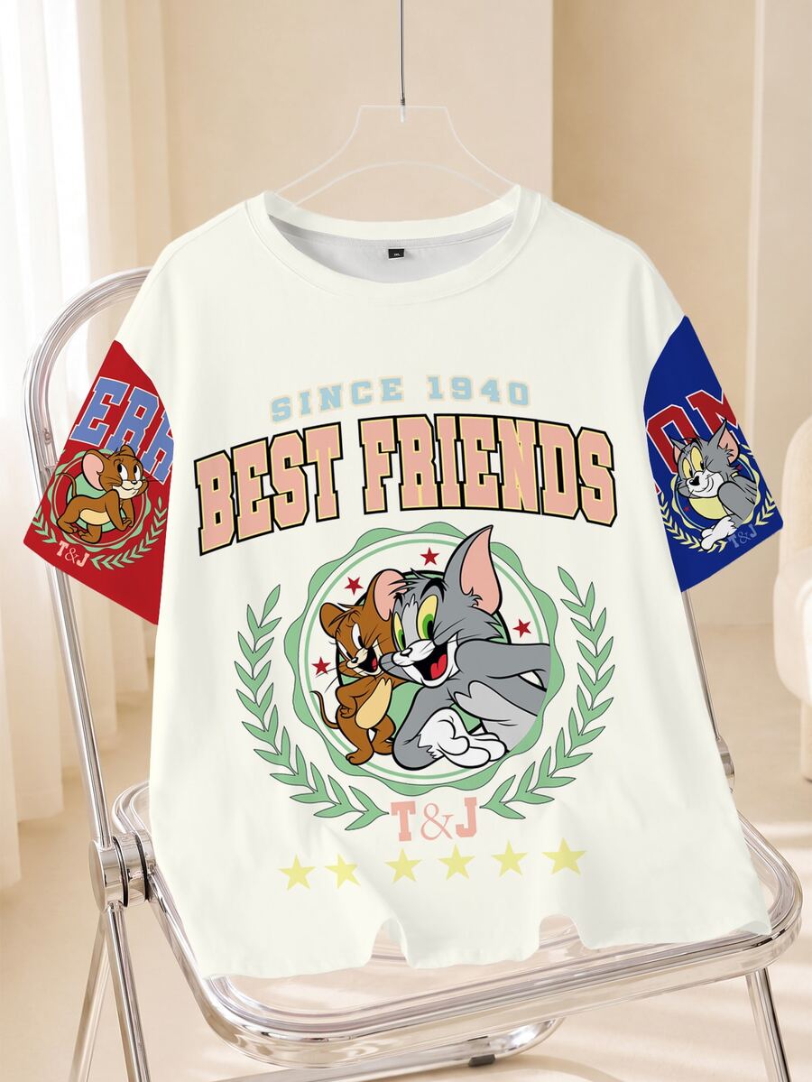 TOM & JERRY X SHEIN Plus Size Letter Cartoon Print Casual Daily Short Sleeve T-Shirt - White - View 1