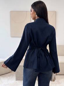 Veilorie Women's Solid Color Frog Button Design Long Sleeve Arabic Style Top - Navy Blue - View 2