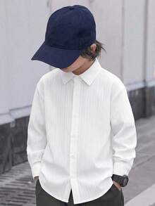 SHEIN 兒童青少年男孩休閒舒適白色長袖襯衫，翻領鈕扣開襟寬鬆基本款，適合學校、日常穿著、休閒、大學、旅行、運動，適用秋冬季 - 白色 - 查看 4