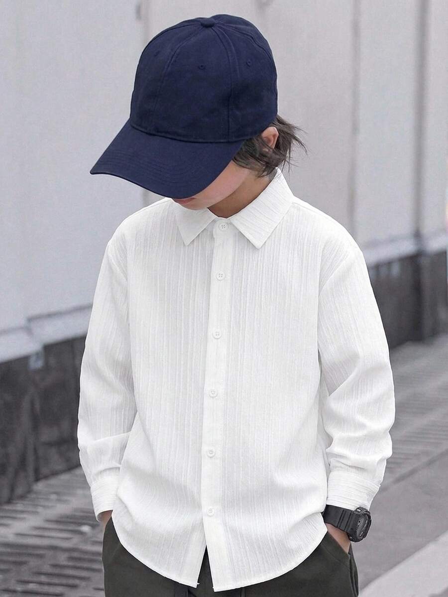 SHEIN Kids Tween Boy Casual Comfortable White Long Sleeve Shirt, Collared Button-Down Loose Fit Basic Style For School, Daily Wear, Casual, College, Travel, Sports, Suitable For Autumn/Winter - White - View 1