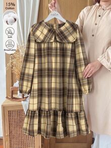 Vintaside Kids 女童秋冬格紋長袖洋裝 法式復古彼得潘領 寬鬆荷葉邊下擺 日常休閒校園洋裝 - 彩色 - 查看 2