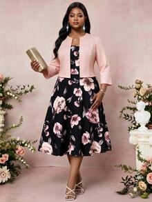 SHEIN Lady CURVE Plus Size Women Floral Print Dress And Solid Color Cardigan Casual Elegant 2 Pieces Set Party Wedding Dusty Pink - Multicolor - View 6