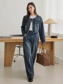 DAZY Women's Open Front Long Sleeve Jacket And Pants Casual Daily Denim Set - Medium Wash - View 3