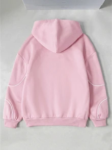 SHEIN 青少年女孩拼色連帽休閒 Y2K 日常長袖冬季衛衣 生日告別 粉色秋季 - 粉色 - 查看 4