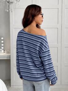 SHEIN EZwear 女款不對稱單肩寬鬆休閒極簡日常百搭派對機場穿搭 Y2K 上衣，藍色條紋，女款夏季穿搭，外出穿搭 - 彩色 - 查看 2
