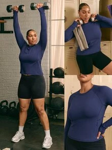 GLOWMODE Plus Size Quick-Dry GlowRun Long Sleeve Training Top With Reflective Back Details & Thumbholes Running Gym Training Fall Active Wear - Dark Blue - View 6