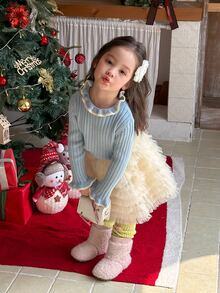 DAZY Infant (Girl) Long Sleeve Korean Style Color Block Bud Collar Autumn/Winter Sweater - Baby Blue - View 3