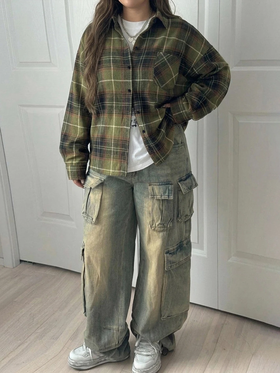 Dazy Plus Street Casual Plaid Loose Thick Long Sleeve Christmas Green Shirt - Olive Green - View 1