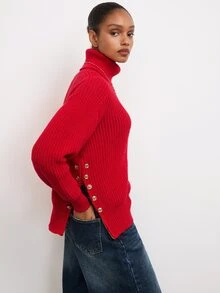 Maija Holiday Urban Party Red Autumn/Winter Women's High-Neck Ribbed Loose Side-Seam Metal Decor Sweater - Red - View 4