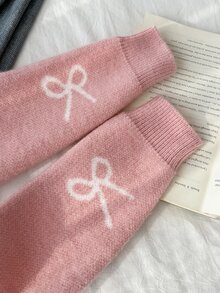 SHEIN 少女杏色粗針織毛衣，秋冬款，蝴蝶結提花圓領套頭衫，落肩長袖，適合秋季單穿，冬季可搭配大衣/棉襖疊穿，面料柔軟舒適 - 粉色 - 查看 5