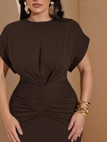 SHEIN BAE CURVE 大尺碼女款純色百褶優雅收腰派對洋裝 - 咖啡棕 - 查看 7
