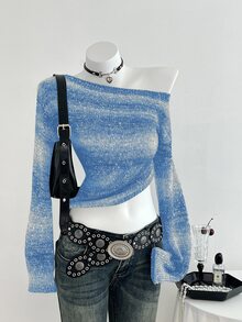 Elamini 女款黑色秋冬獨特不對稱肩拼色條紋亮片針織毛衣，收腰小喇叭袖，1件裝 - 天藍色 - 查看 1