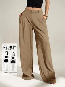 SHEIN Tall 女款 Old Money 風格高腰百褶寬腿褲，黑色冬季端莊商務休閒辦公穿搭，優雅純色寬鬆修身西裝長褲 - 卡其色 - 查看 8
