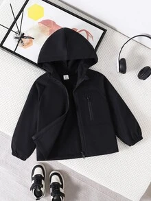 SHEIN 1件青少年休閒極簡拼接口袋連帽外套，寬鬆舒適外衣，適合春/秋日常穿著、旅行、派對及秋冬攝影，適用於日常、校園等場合 - 黑色 - 查看 7