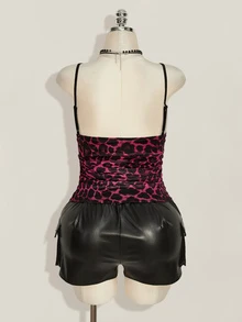 SHEIN ICON 女款大尺碼蕾絲拼接豹紋細肩帶背心 - 彩色 - 查看 2
