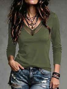LUMIGAL Women's 2026 Autumn/Winter Sheer Neckline Patchwork Long Sleeve Base Layer T-Shirt - Army Green - View 3