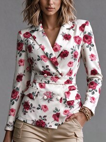 Vavine Rose Print Long Sleeve Lapel Tie Waist Blazer Jacket For Women - Multicolor - View 4