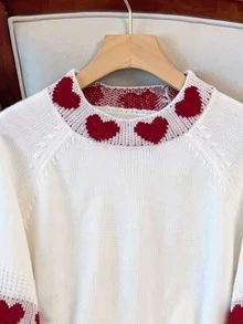 GlowEve CURVE Autumn/Winter Plus Size Heart Contrast Color Straight Sleeve Crew Neck Loose Slouchy Versatile Pullover Knit Sweater - White - View 5