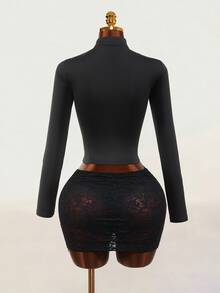 Mistrie Women's Sexy Cutout Streetwear Lace Patchwork Top - Black - View 8
