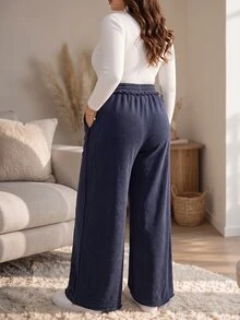 Rosumi Women's Plus Size Solid Color Casual Daily Wear Long Pants Fall Winter 2026 Loose-Fitting Dark Blue Washed Trousers - Blue - View 2
