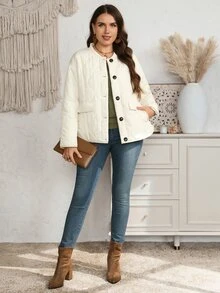 EMERY ROSE Plus Size Comfortable Winter Button Long Sleeve Padded Coat - Multicolor - View 3