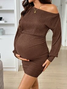 SHEIN 孕婦純色不對稱單肩休閒日常穿著夏季洋裝 秋冬休閒款 - 咖啡 - 查看 4