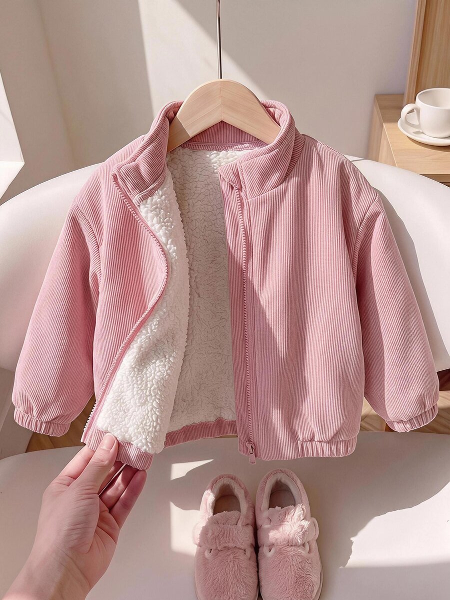 Baby Girl Casual Hooded Fluffy Long Sleeve Jacket With Heart Graphic, Versatile Streetwear,In Fall/Winter - Pink - View 1