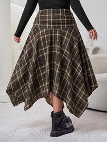 SHEIN CURVE+ New Plus Size High Waist Pleated Asymmetric Hem Skirt Autumn Commuting Date, Winter 2026 22W - Brown - View 2