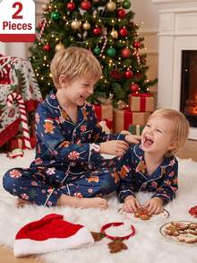 Young Boy Autumn/Winter Pajamas 2pcs Gingerbread Man Satin Long Sleeve Pants Lapel Print Christmas Blue Flame Resistant - Navy Blue - View 8