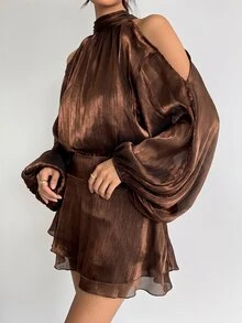 Aloruh 女款純色掛脖露肩性感約會派對迷你洋裝，優雅度假穿搭女裝 - 棕色 - 查看 4