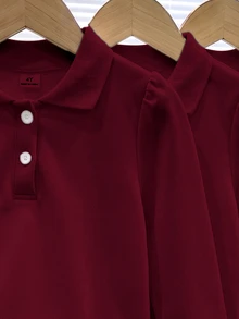 Elladie kids 女童白色3件組長袖 Polo 衫，精緻愛心鈕扣，長袖 T 恤，基本純色修身 T 恤，適合返校季 - 酒紅色 - 查看 4